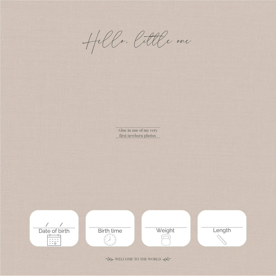 Page 29 of the CheriBOO Baby Memory Book: hello, little one, with date of birth, birth time, weight and length