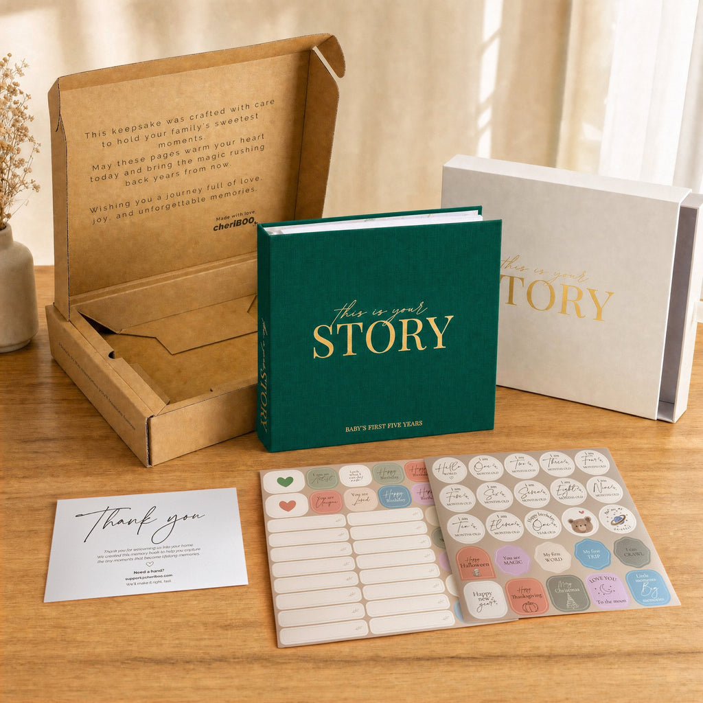Everything in the box: the CheriBOO Baby Memory Book in Evergreen, its keepsake box, thank-you card and two sticker sheets