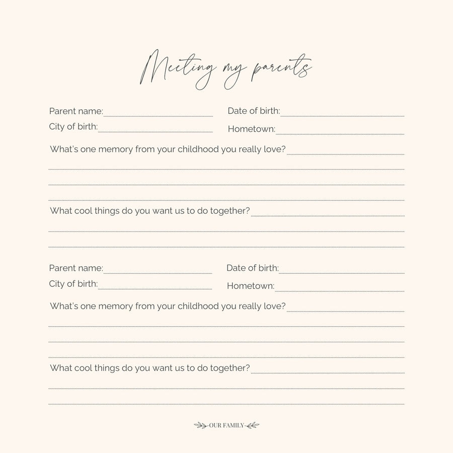 Page 12 of the CheriBOO Baby Memory Book: meeting my parents