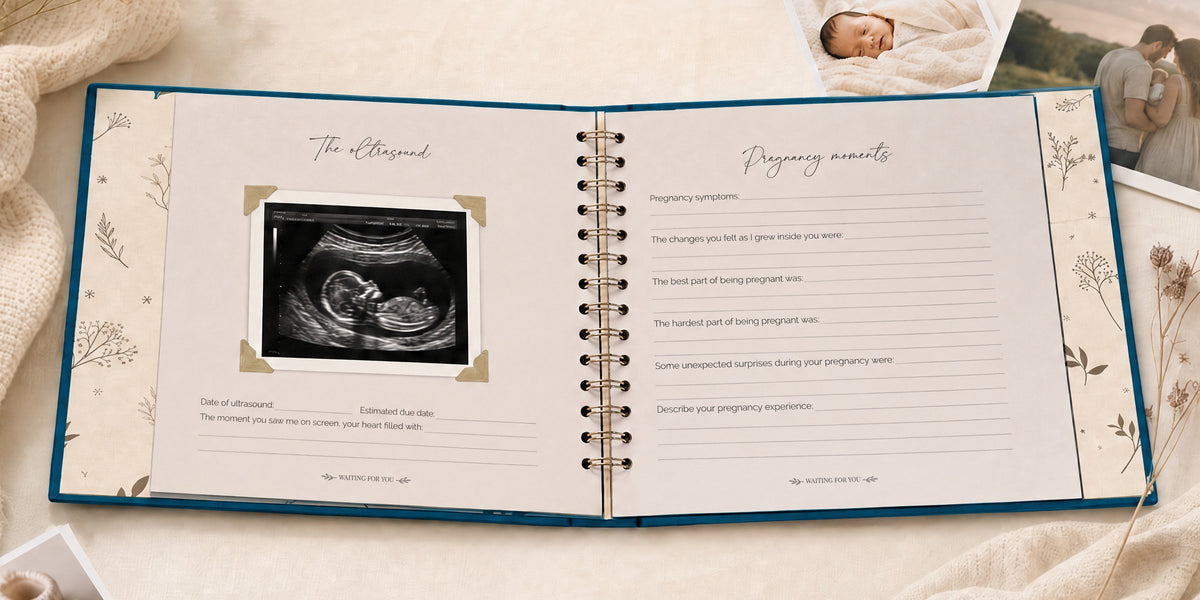 The CheriBOO Baby Memory Book in Deep Sea Blue open on the ultrasound page, with printed photos beside it