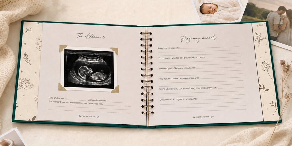 The CheriBOO Baby Memory Book in Evergreen open on the ultrasound page, with printed photos beside it