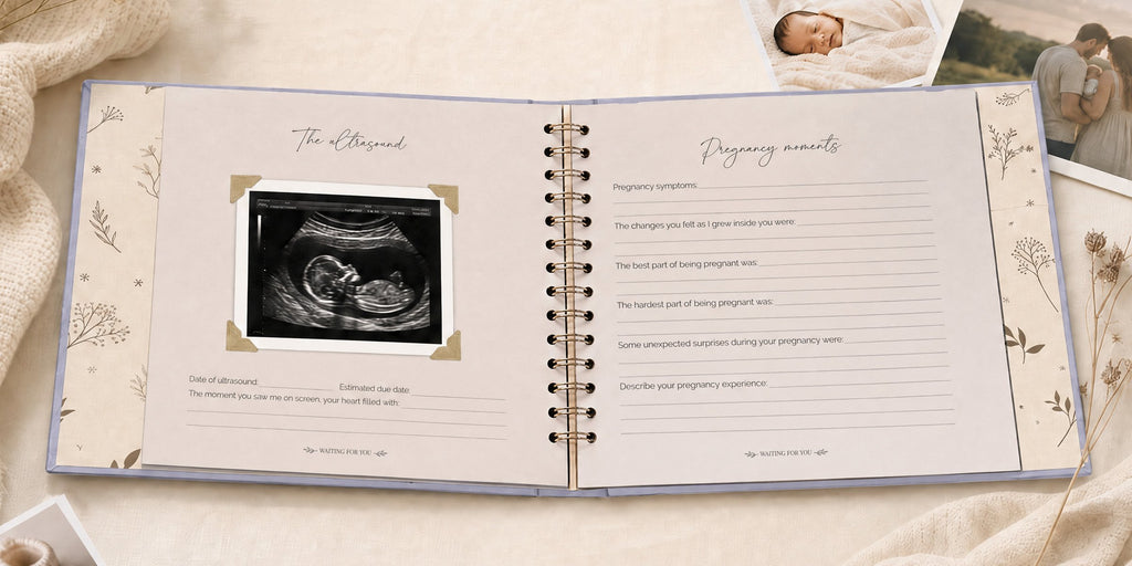 The CheriBOO Baby Memory Book in Lavender open on the ultrasound page, with printed photos beside it
