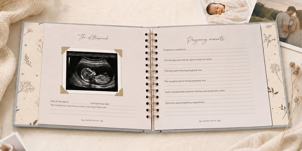 The CheriBOO Baby Memory Book First Edition in Light Gray open on the ultrasound page, with printed photos beside it