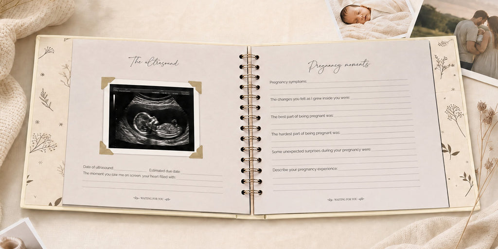 The CheriBOO Baby Memory Book in Natural open on the ultrasound page, with printed photos beside it