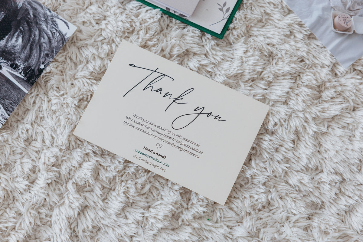 The thank-you card that ships inside every CheriBOO keepsake box