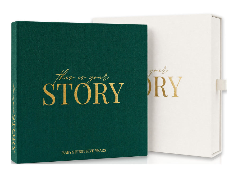 CheriBOO Baby Memory Book in Evergreen (deep forest green) with its keepsake box