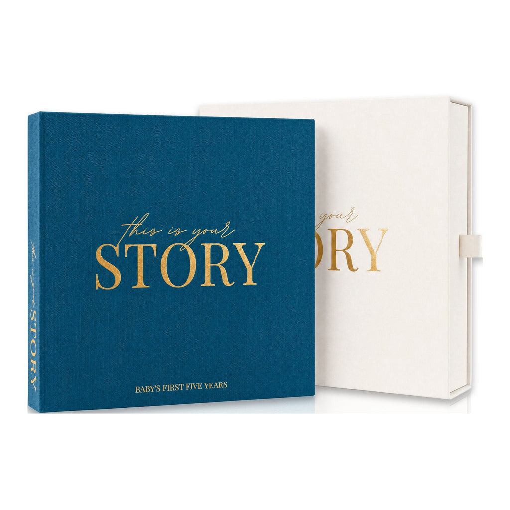CheriBOO Baby Memory Book in Deep Sea Blue (deep petrol blue) with its keepsake box