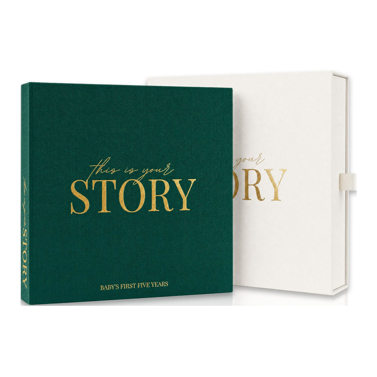 CheriBOO Baby Memory Book in Evergreen (deep forest green) with its keepsake box