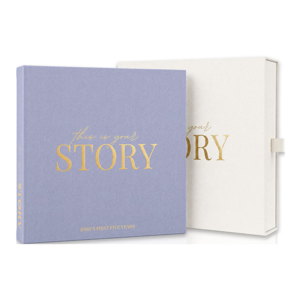 CheriBOO Baby Memory Book in Lavender (soft grayish lavender) with its keepsake box