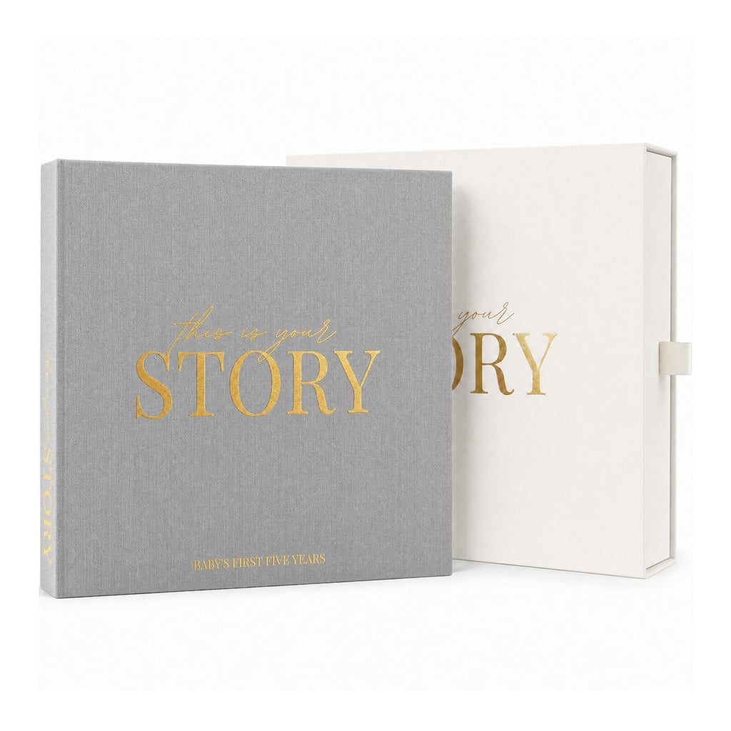 CheriBOO Baby Memory Book in Light Gray (neutral light gray) with its keepsake box