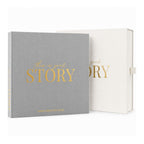 CheriBOO Baby Memory Book in Light Gray (neutral light gray) with its keepsake box