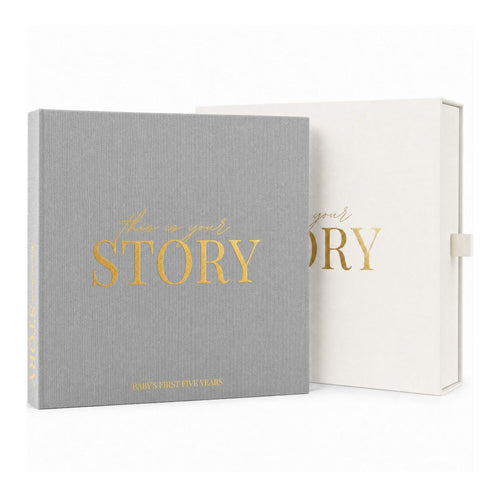 CheriBOO Baby Memory Book in Light Gray (neutral light gray) with its keepsake box