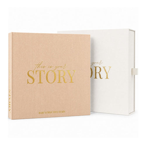CheriBOO Baby Memory Book in Neutral Toast (soft sandy peach) with its keepsake box